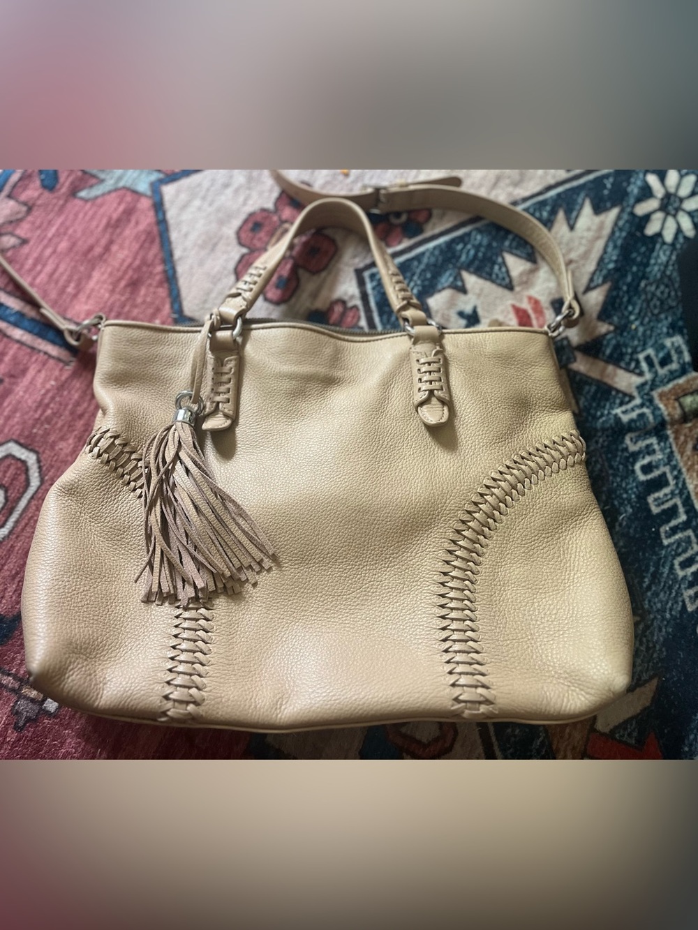 Ralph Lauren Light Beige Leather Shoulder Tote with Tassel